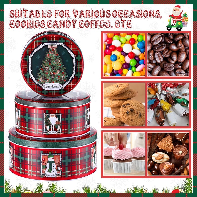 Lingvee 3 Pcs Christmas Cookie Tin with Lids for Gift Giving Tin Containers Round Festive Cookie Tins Metal Nesting Containers Large Medium Small - Image 5
